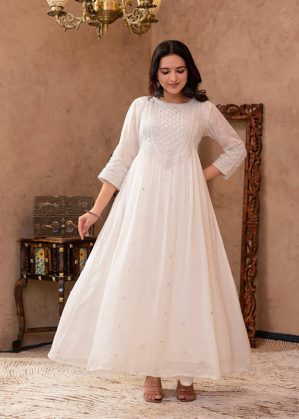 Juniper White Viscose Flared Mirror Embroidered Kurta with Cotton Lining & Button Details - Distacart