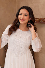Thumbnail for Juniper White Viscose Flared Mirror Embroidered Kurta with Cotton Lining & Button Details - Distacart