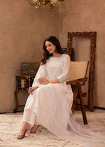 Thumbnail for Juniper White Viscose Flared Mirror Embroidered Kurta with Cotton Lining & Button Details - Distacart