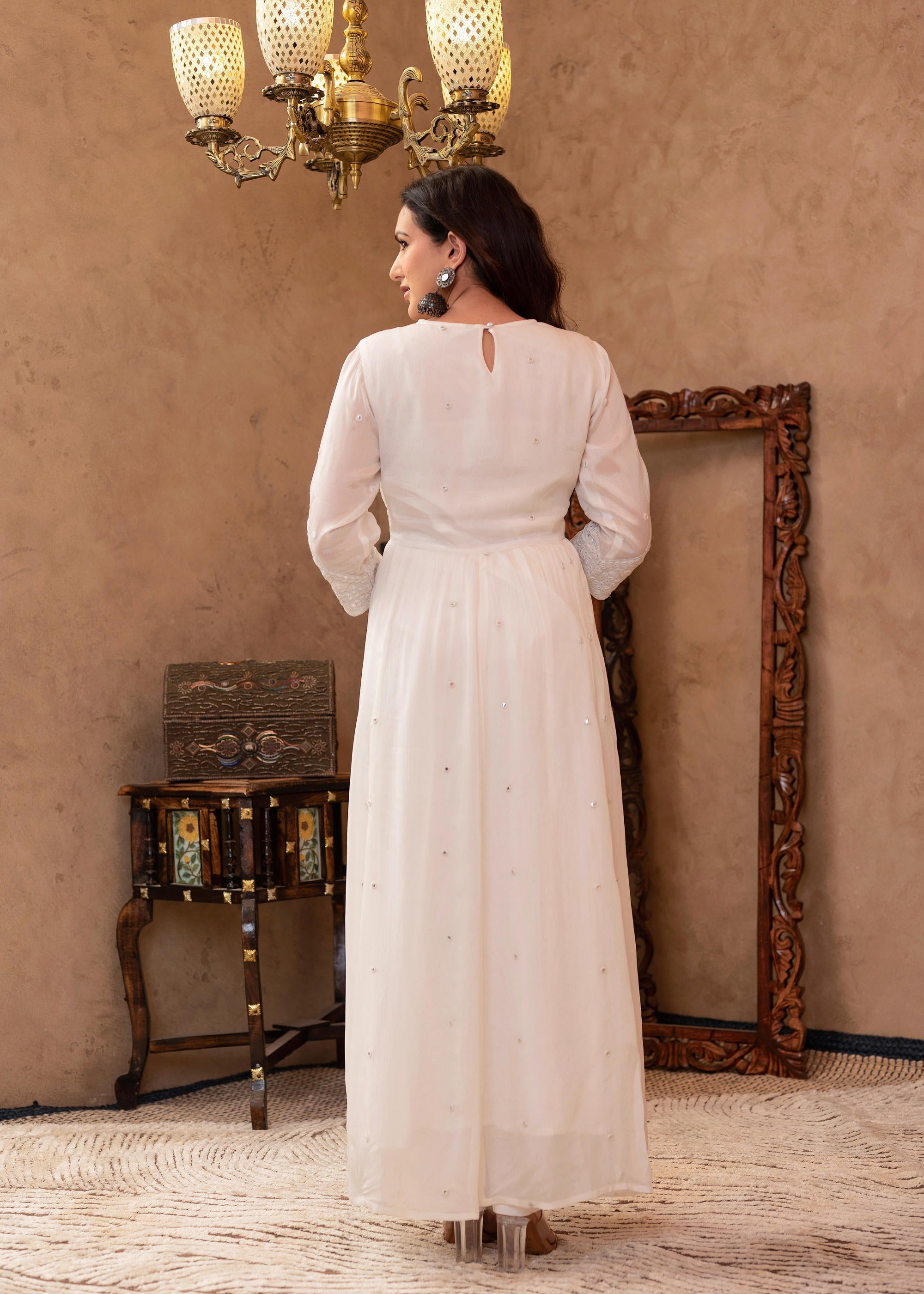 Juniper White Viscose Flared Mirror Embroidered Kurta with Cotton Lining & Button Details - Distacart