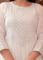 Thumbnail for Juniper White Viscose Flared Mirror Embroidered Kurta with Cotton Lining & Button Details - Distacart