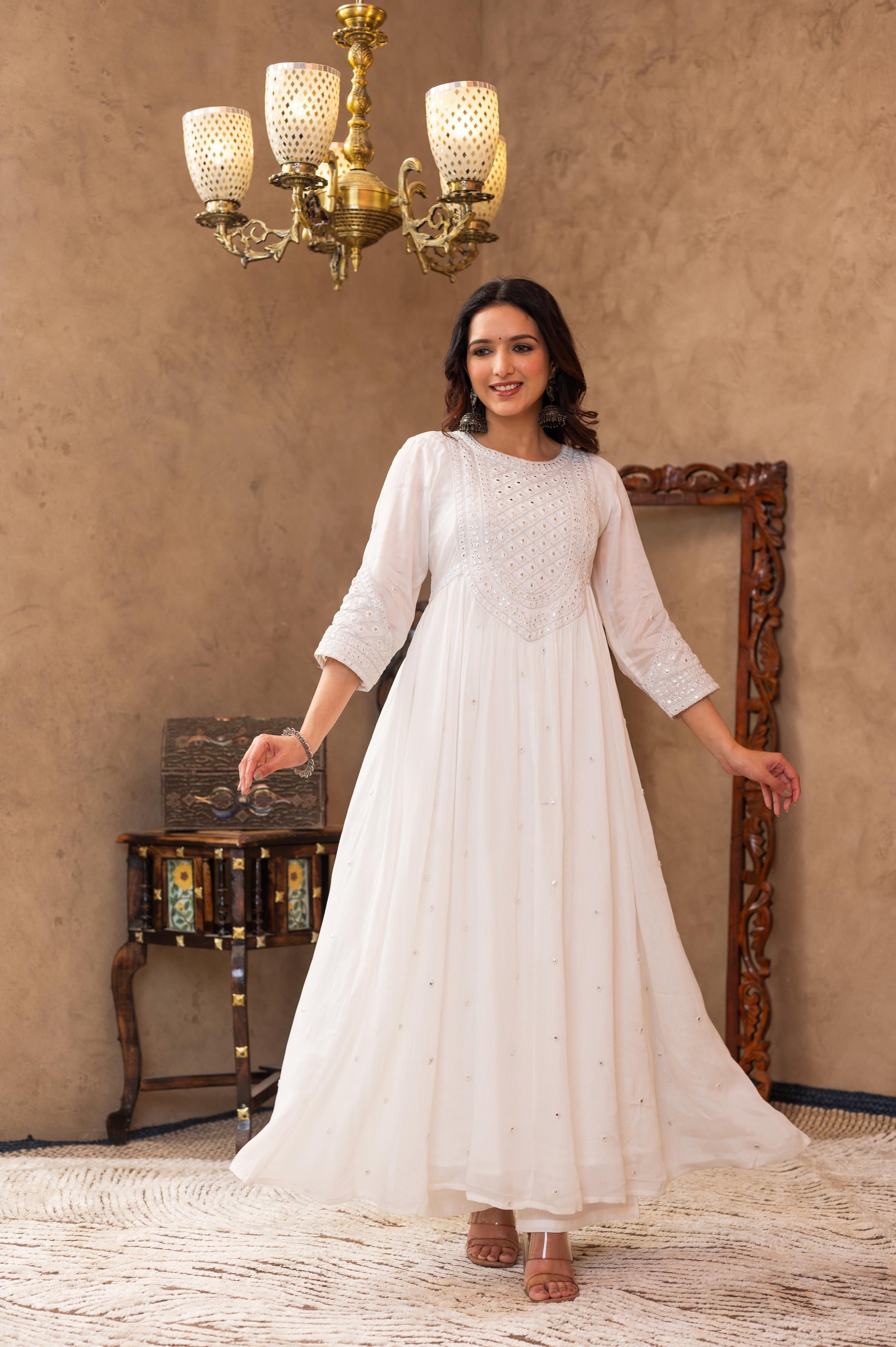 Juniper White Viscose Flared Mirror Embroidered Kurta with Cotton Lining & Button Details - Distacart