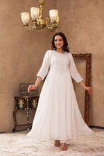 Thumbnail for Juniper White Viscose Flared Mirror Embroidered Kurta with Cotton Lining & Button Details - Distacart
