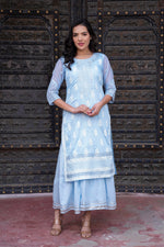 Thumbnail for Juniper Sky Blue Chanderi Floral Mirror Embroidered Dress With Gota Lace & Glitter Work - Distacart