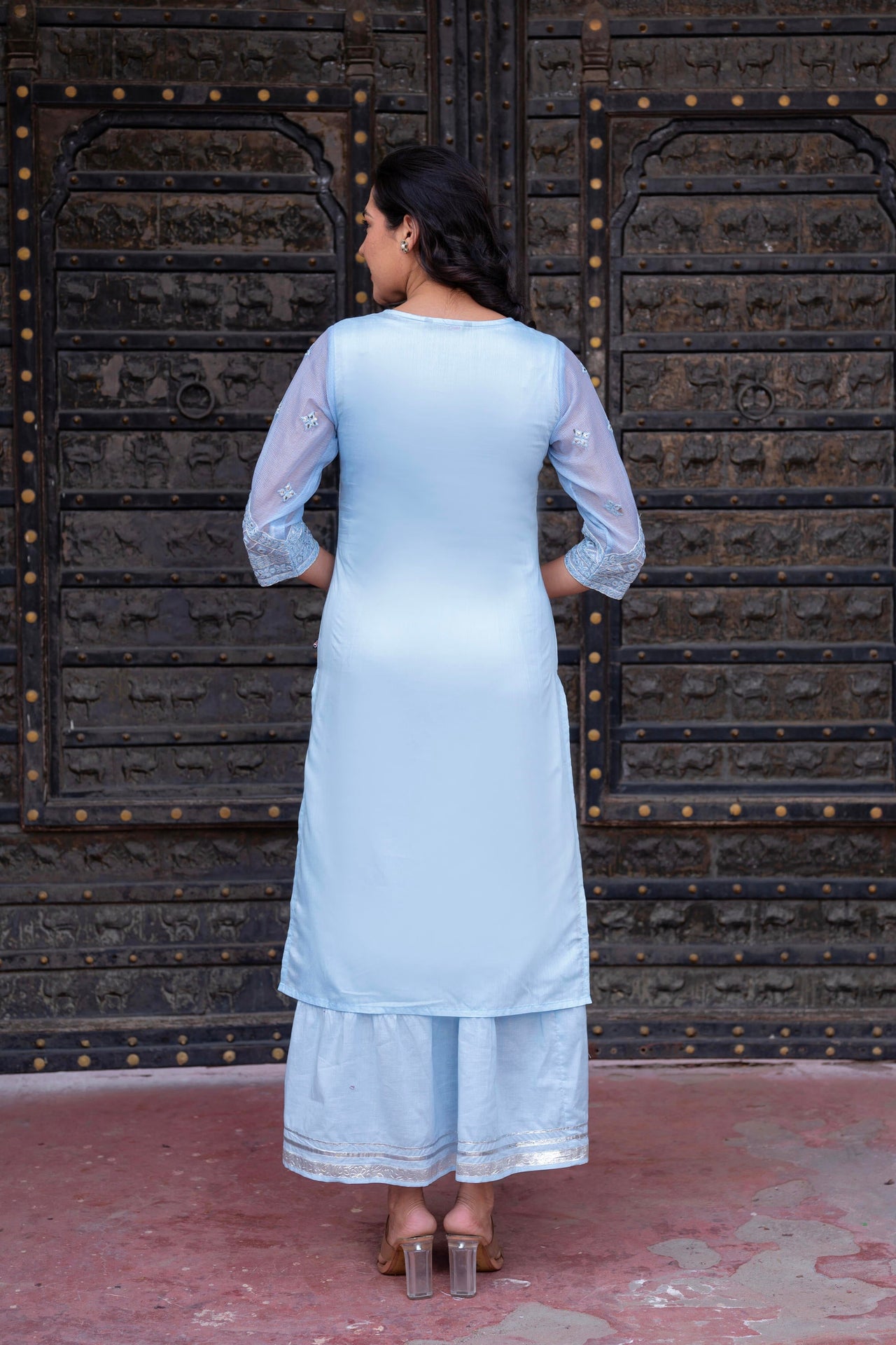 Juniper Sky Blue Chanderi Floral Mirror Embroidered Dress with Gota Lace & Glitter Work