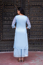 Thumbnail for Juniper Sky Blue Chanderi Floral Mirror Embroidered Dress With Gota Lace & Glitter Work - Distacart