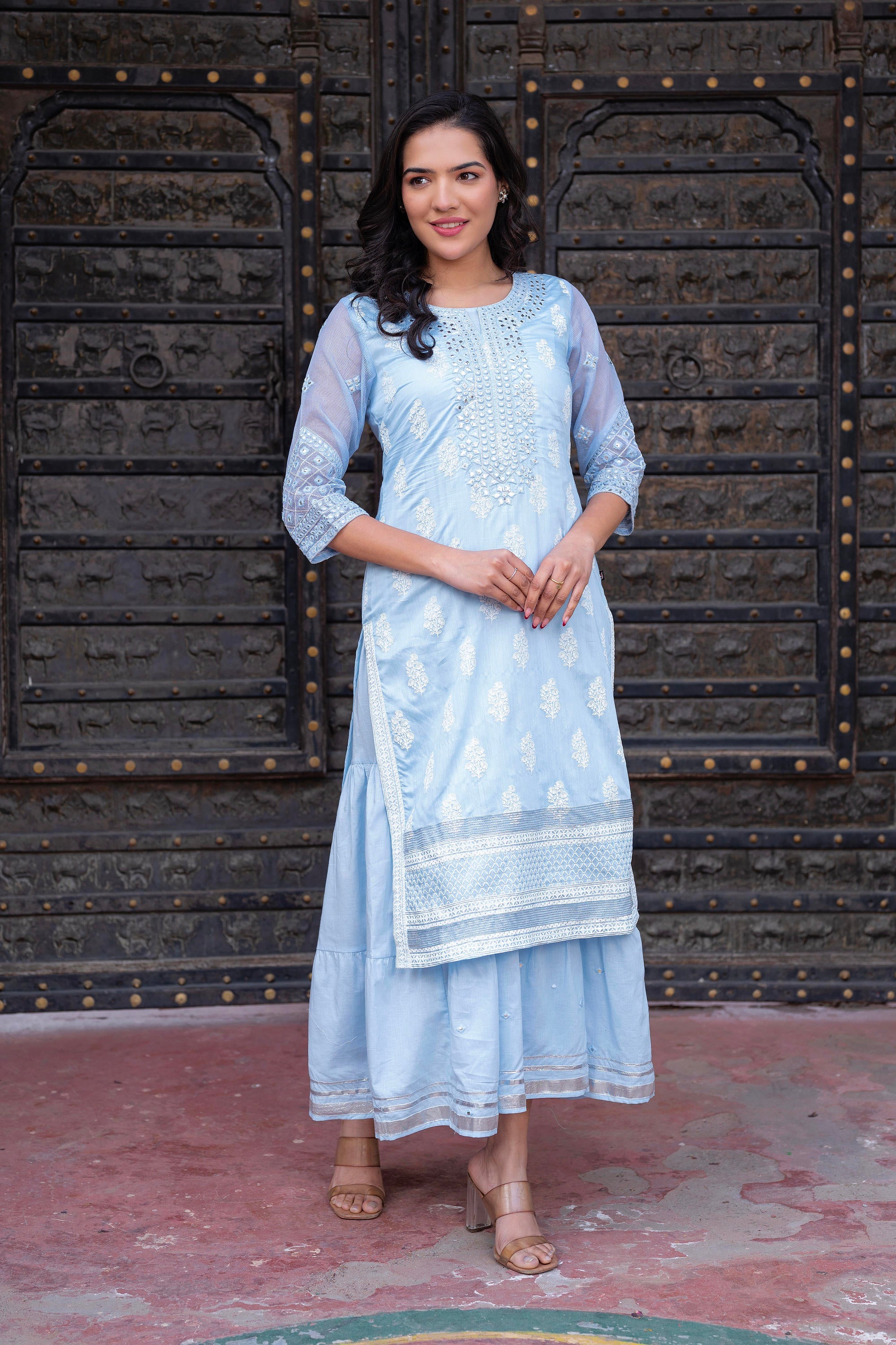 Juniper Sky Blue Chanderi Floral Mirror Embroidered Dress With Gota Lace & Glitter Work - Distacart