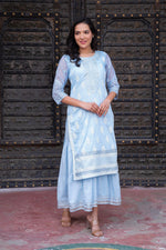 Thumbnail for Juniper Sky Blue Chanderi Floral Mirror Embroidered Dress With Gota Lace & Glitter Work - Distacart