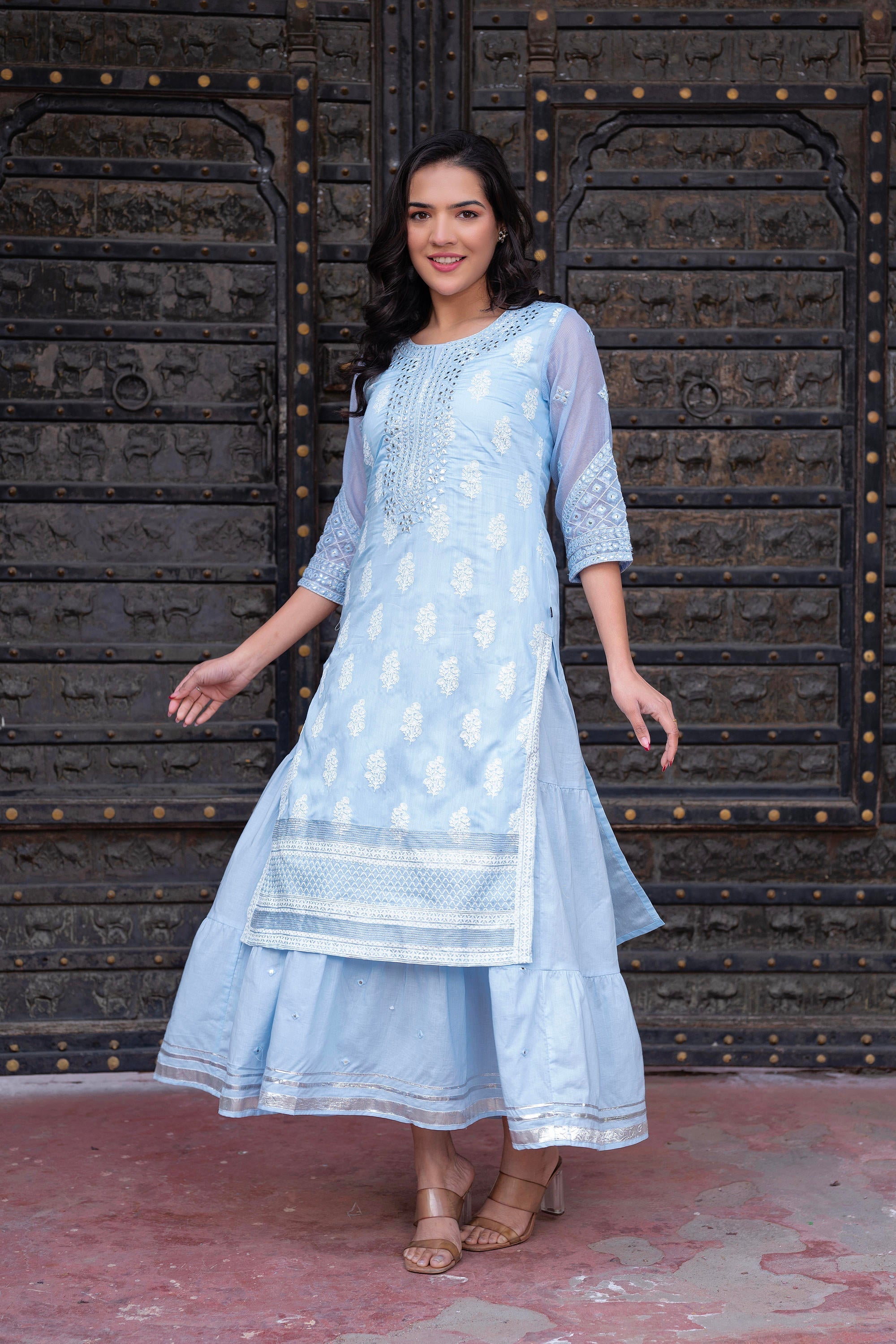 Juniper Sky Blue Chanderi Floral Mirror Embroidered Dress With Gota Lace & Glitter Work - Distacart