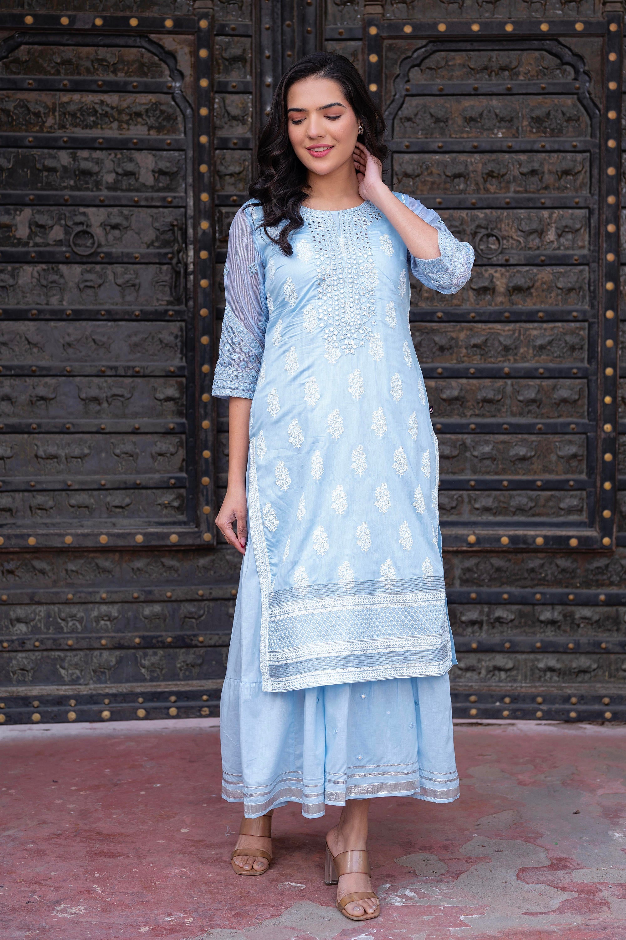 Juniper Sky Blue Chanderi Floral Mirror Embroidered Dress With Gota Lace & Glitter Work - Distacart