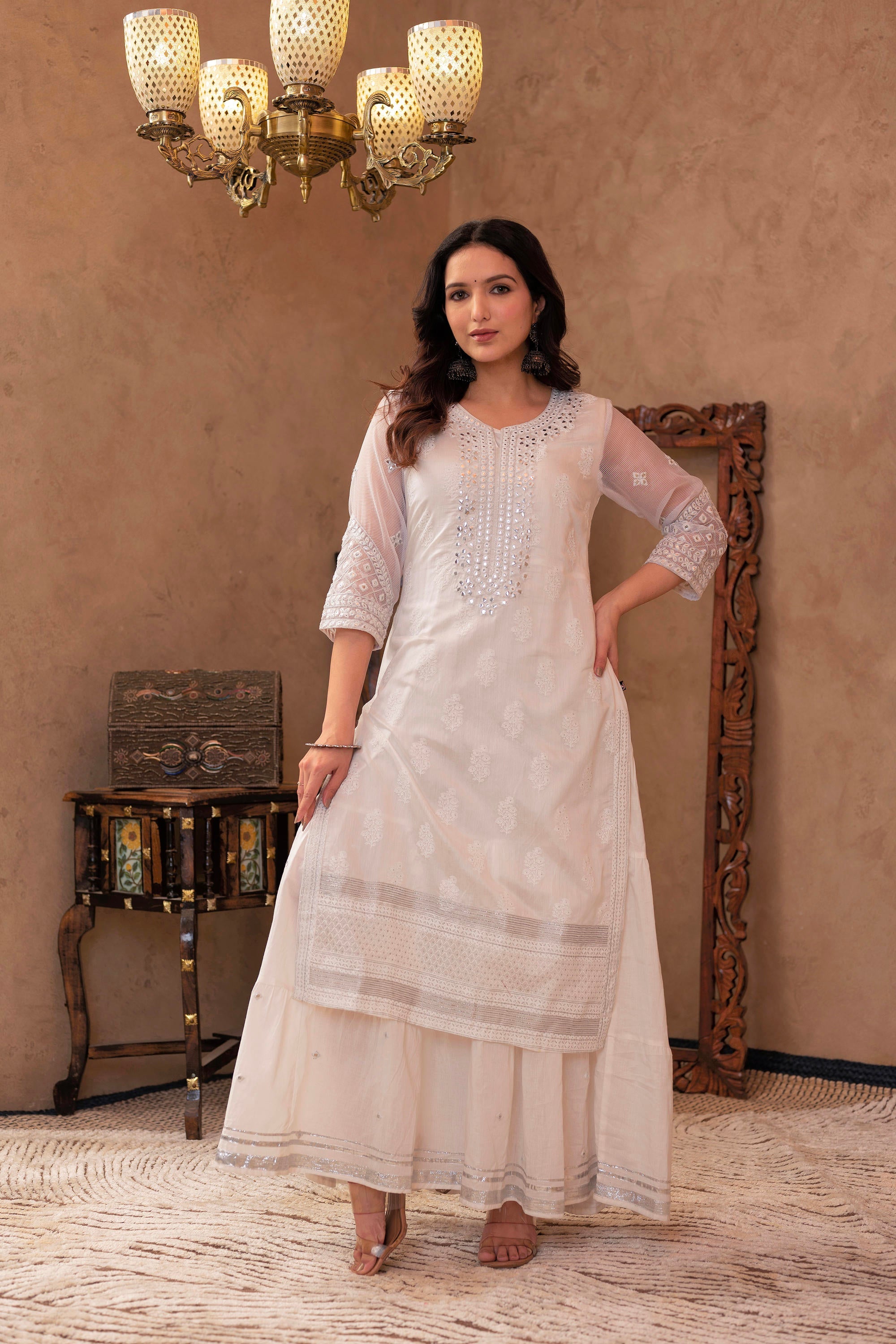 Juniper White Chanderi Mirror Embroidered Kurta with Gota Lace & Glitter Work - Distacart