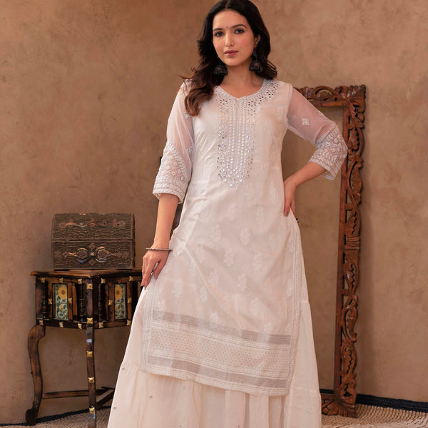 Juniper White Chanderi Mirror Embroidered Kurta With Gota Lace & Glitter Work