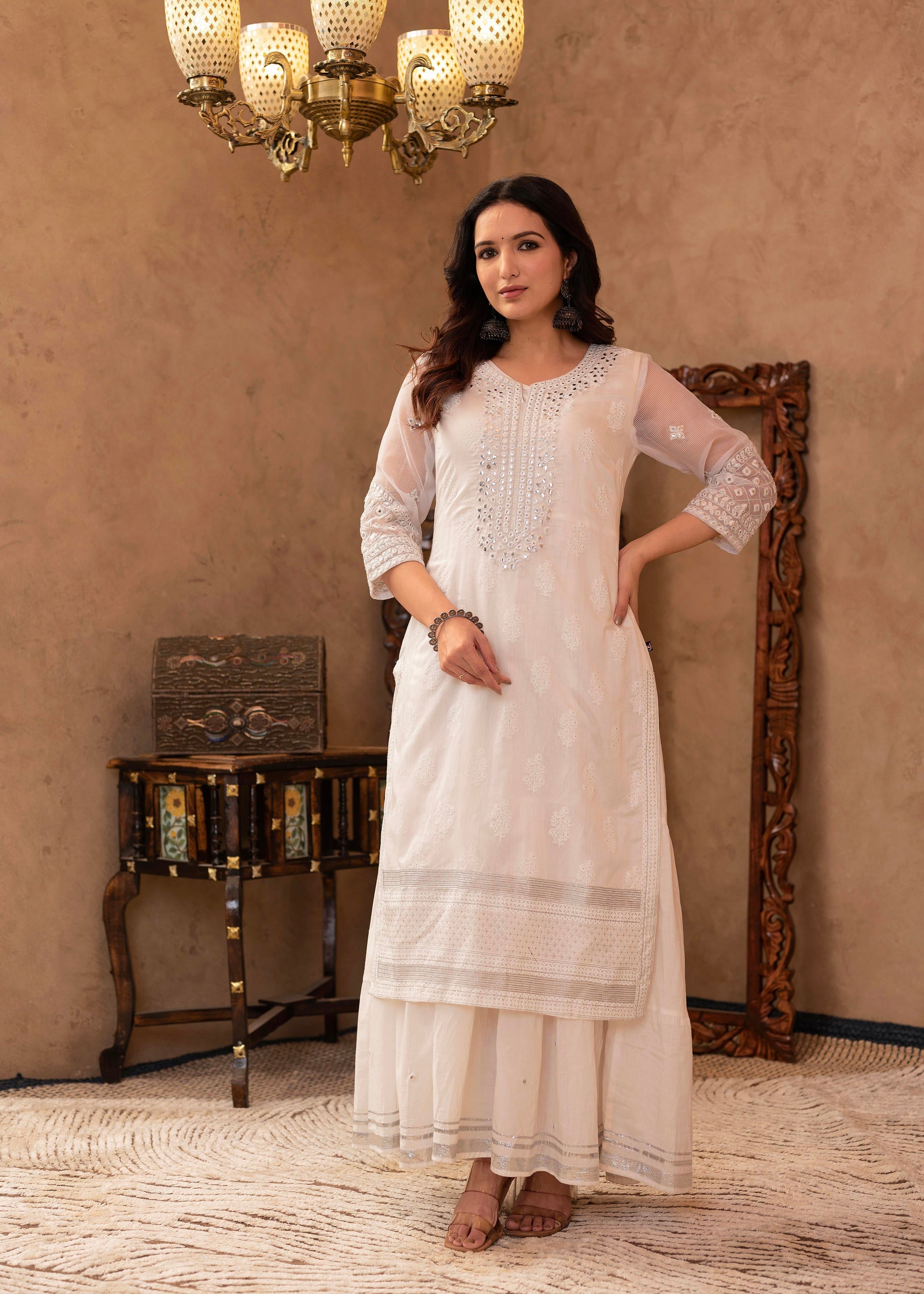 Juniper White Chanderi Mirror Embroidered Kurta with Gota Lace & Glitter Work - Distacart