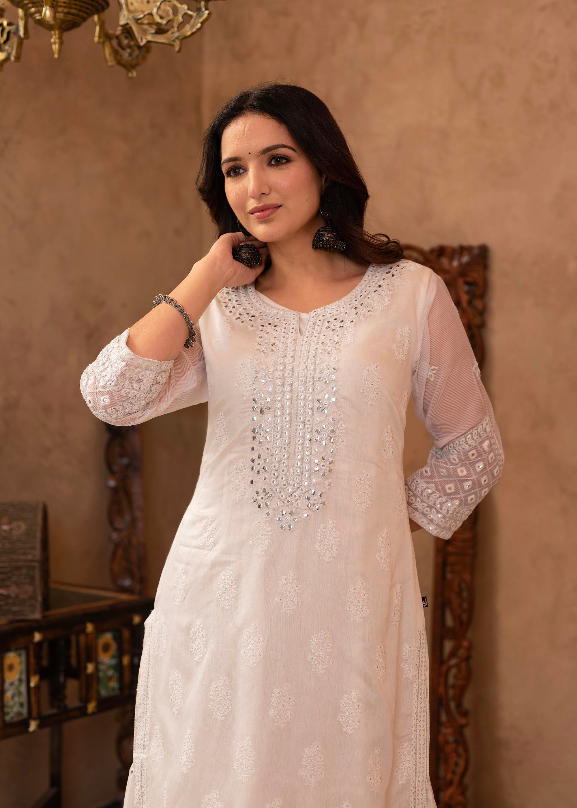 Juniper White Chanderi Mirror Embroidered Kurta With Gota Lace & Glitter Work