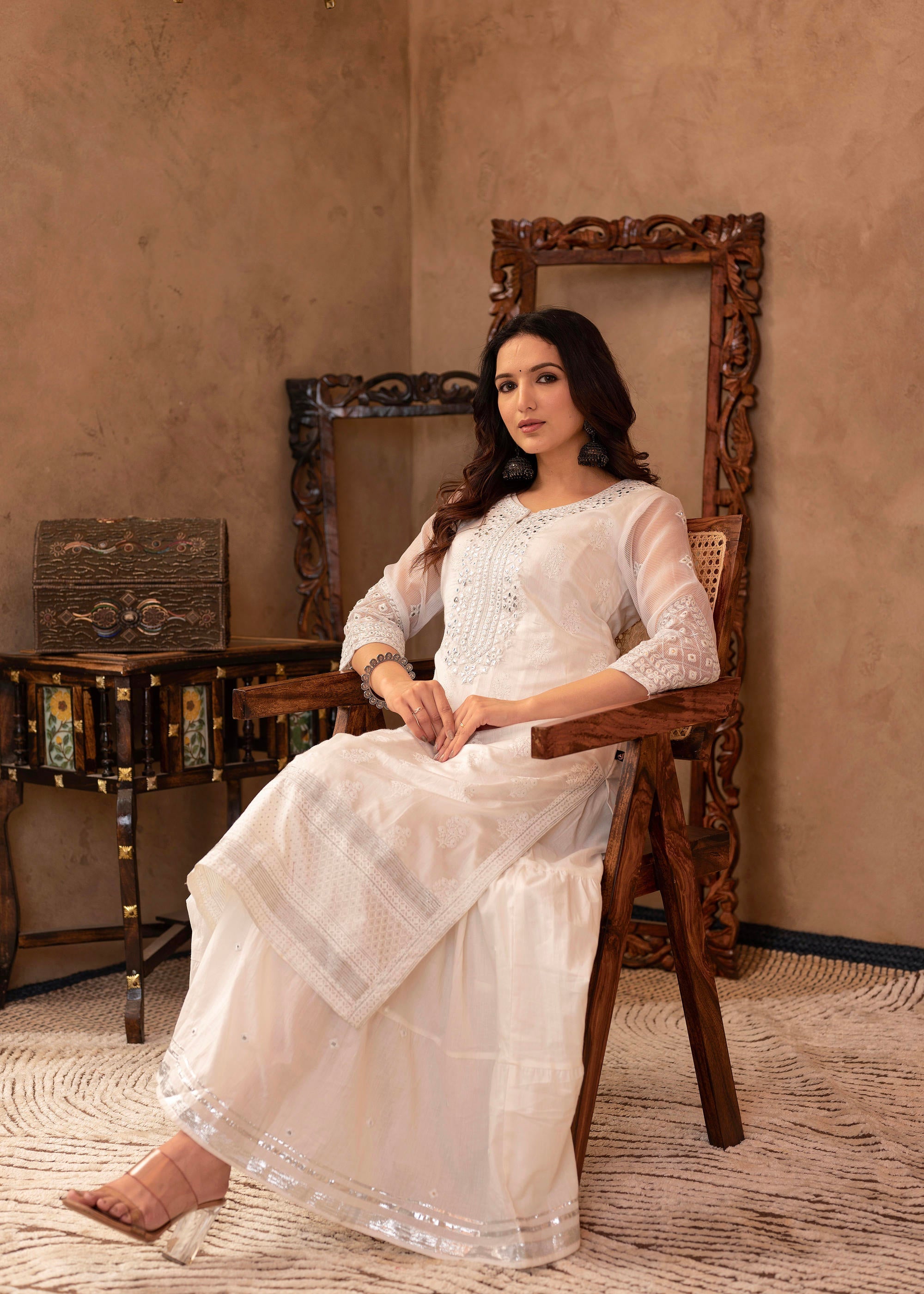 Juniper White Chanderi Mirror Embroidered Kurta with Gota Lace & Glitter Work - Distacart