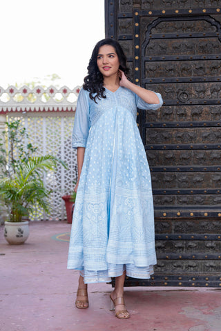 Juniper Sky Blue Chanderi Geometric Printed Mirror Embroidered Dress with Gota Lace & Glitter Work - Distacart