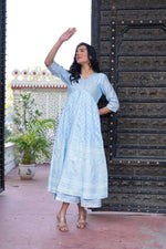 Thumbnail for Juniper Sky Blue Chanderi Geometric Printed Mirror Embroidered Dress with Gota Lace & Glitter Work - Distacart