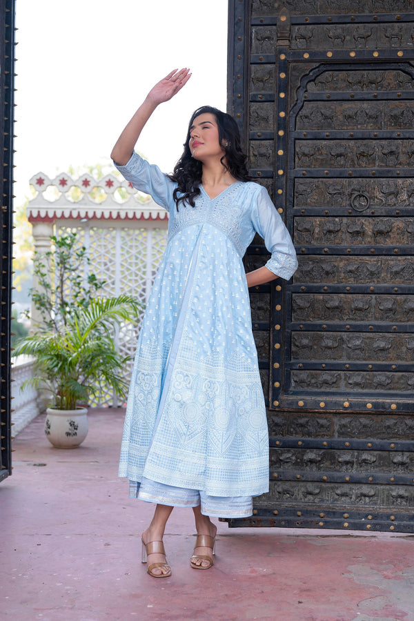 Juniper Sky Blue Chanderi Geometric Printed Mirror Embroidered Dress with Gota Lace & Glitter Work - Distacart