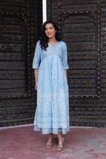 Thumbnail for Juniper Sky Blue Chanderi Geometric Printed Mirror Embroidered Dress with Gota Lace & Glitter Work - Distacart