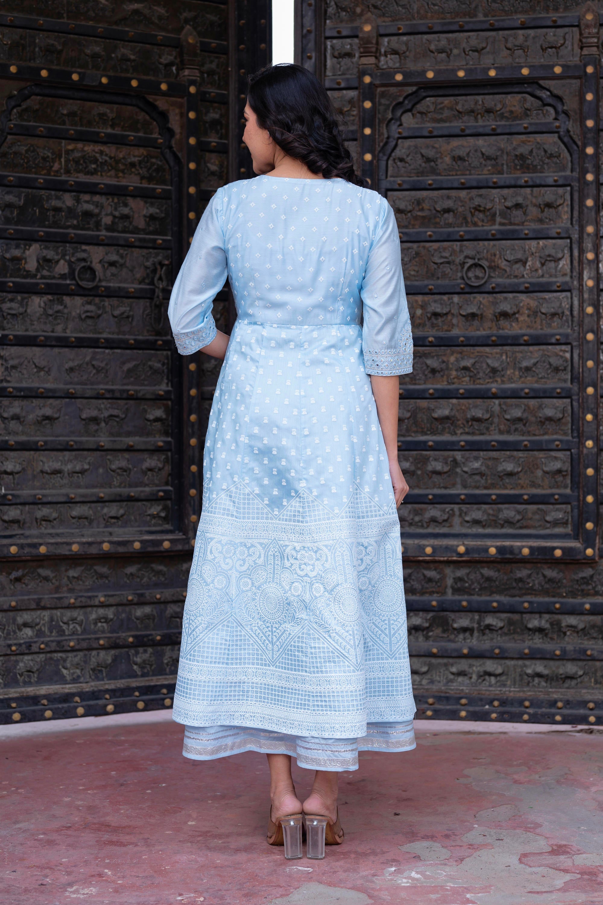 Juniper Sky Blue Chanderi Geometric Printed Mirror Embroidered Dress with Gota Lace & Glitter Work - Distacart