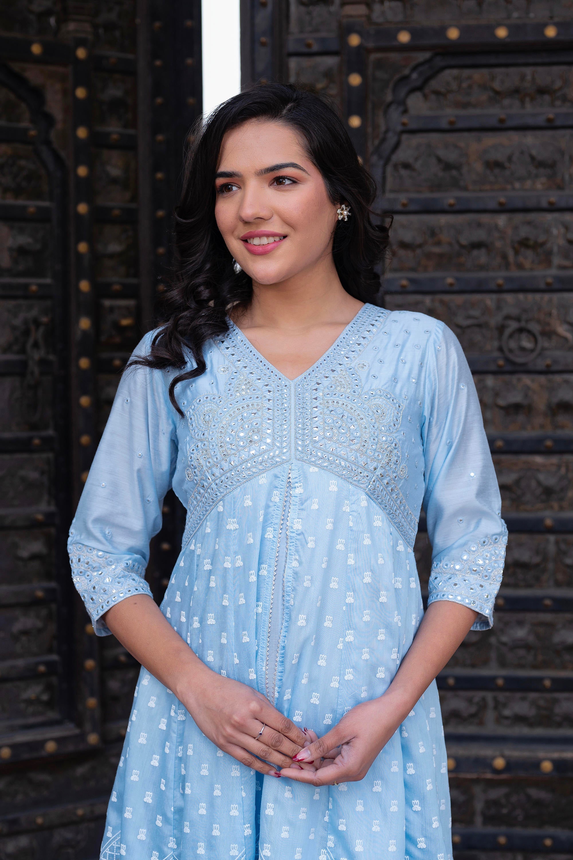 Juniper Sky Blue Chanderi Geometric Printed Mirror Embroidered Dress with Gota Lace & Glitter Work - Distacart