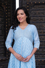 Thumbnail for Juniper Sky Blue Chanderi Geometric Printed Mirror Embroidered Dress with Gota Lace & Glitter Work - Distacart