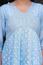 Thumbnail for Juniper Sky Blue Chanderi Geometric Printed Mirror Embroidered Dress with Gota Lace & Glitter Work - Distacart