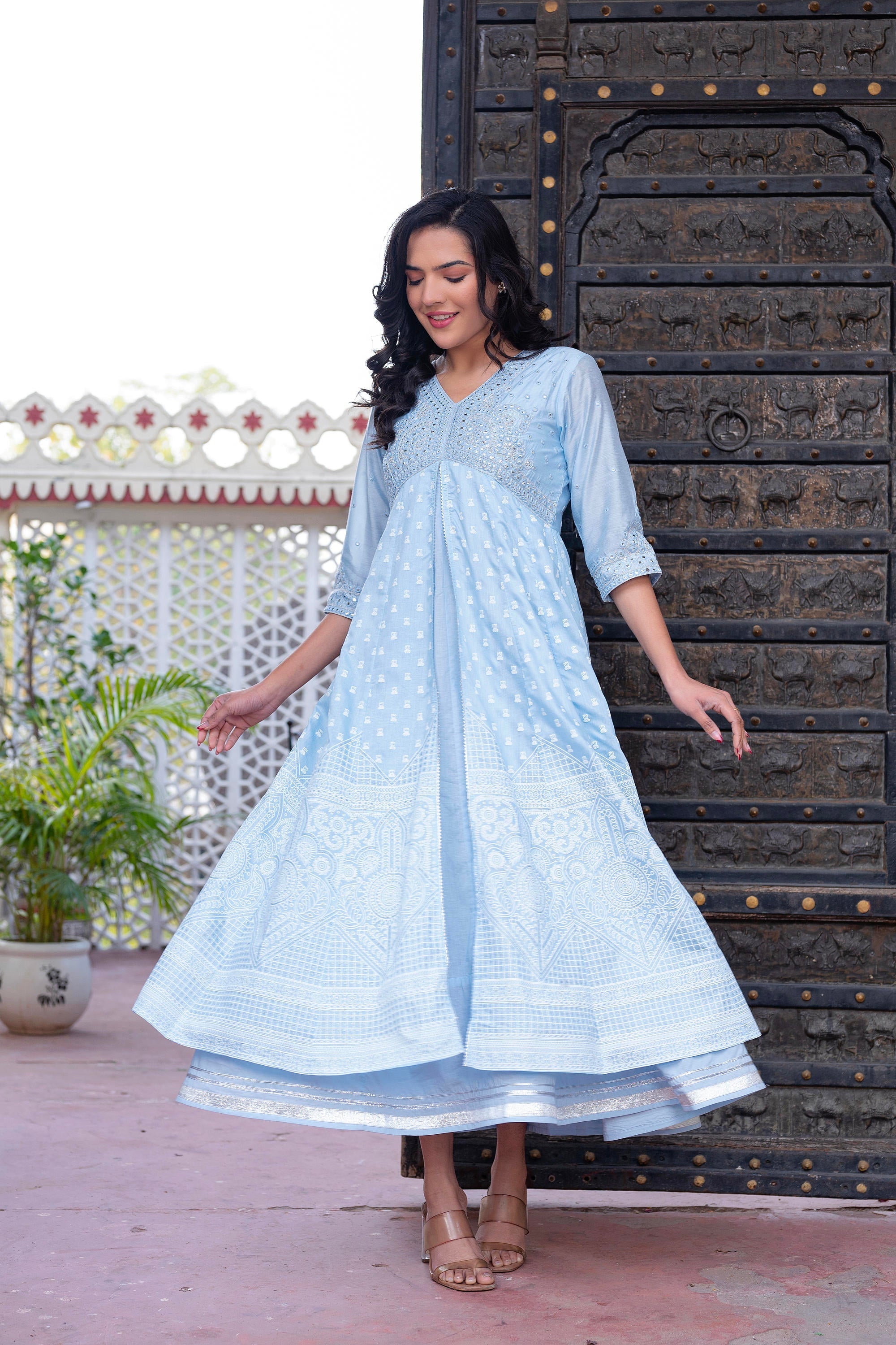Juniper Sky Blue Chanderi Geometric Printed Mirror Embroidered Dress with Gota Lace & Glitter Work - Distacart