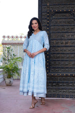 Thumbnail for Juniper Sky Blue Chanderi Geometric Printed Mirror Embroidered Dress with Gota Lace & Glitter Work - Distacart