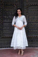 Thumbnail for Juniper White Chanderi Geometric Printed Dress with Mirror Embroidery, Gota Lace & Glitter Work - Distacart