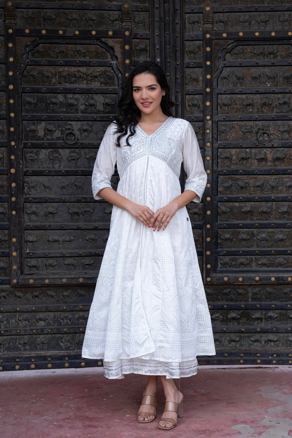 Juniper White Chanderi Geometric Printed Dress with Mirror Embroidery, Gota Lace & Glitter Work - Distacart