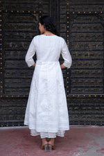 Thumbnail for Juniper White Chanderi Geometric Printed Dress with Mirror Embroidery, Gota Lace & Glitter Work - Distacart
