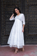 Thumbnail for Juniper White Chanderi Geometric Printed Dress with Mirror Embroidery, Gota Lace & Glitter Work - Distacart