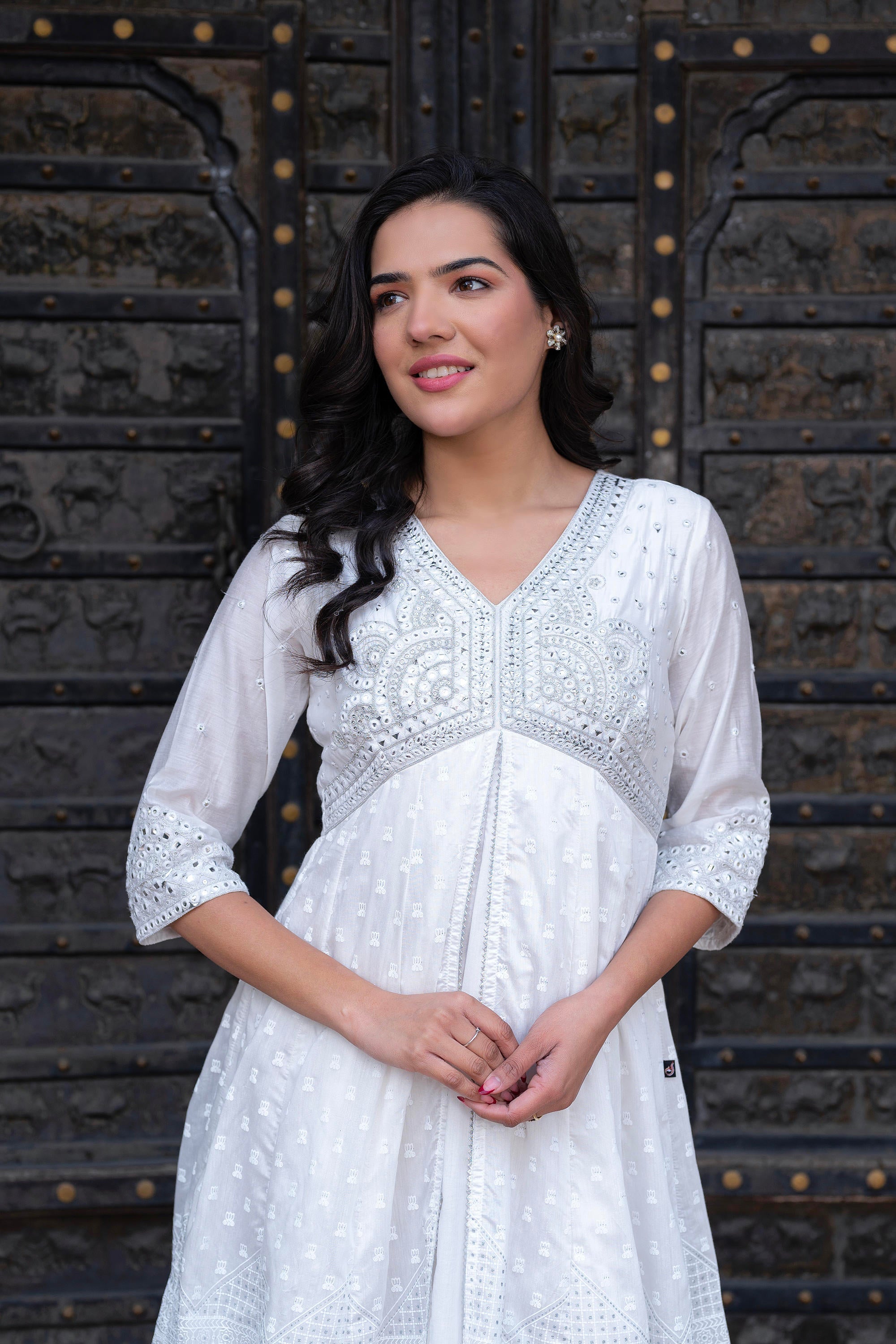Juniper White Chanderi Geometric Printed Dress with Mirror Embroidery, Gota Lace & Glitter Work - Distacart