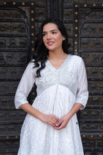 Thumbnail for Juniper White Chanderi Geometric Printed Dress With Mirror Embroidery, Gota Lace & Glitter Work - Distacart