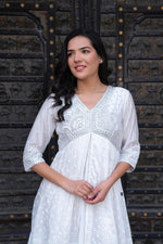Thumbnail for Juniper White Chanderi Geometric Printed Dress with Mirror Embroidery, Gota Lace & Glitter Work - Distacart