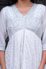 Thumbnail for Juniper White Chanderi Geometric Printed Dress with Mirror Embroidery, Gota Lace & Glitter Work - Distacart