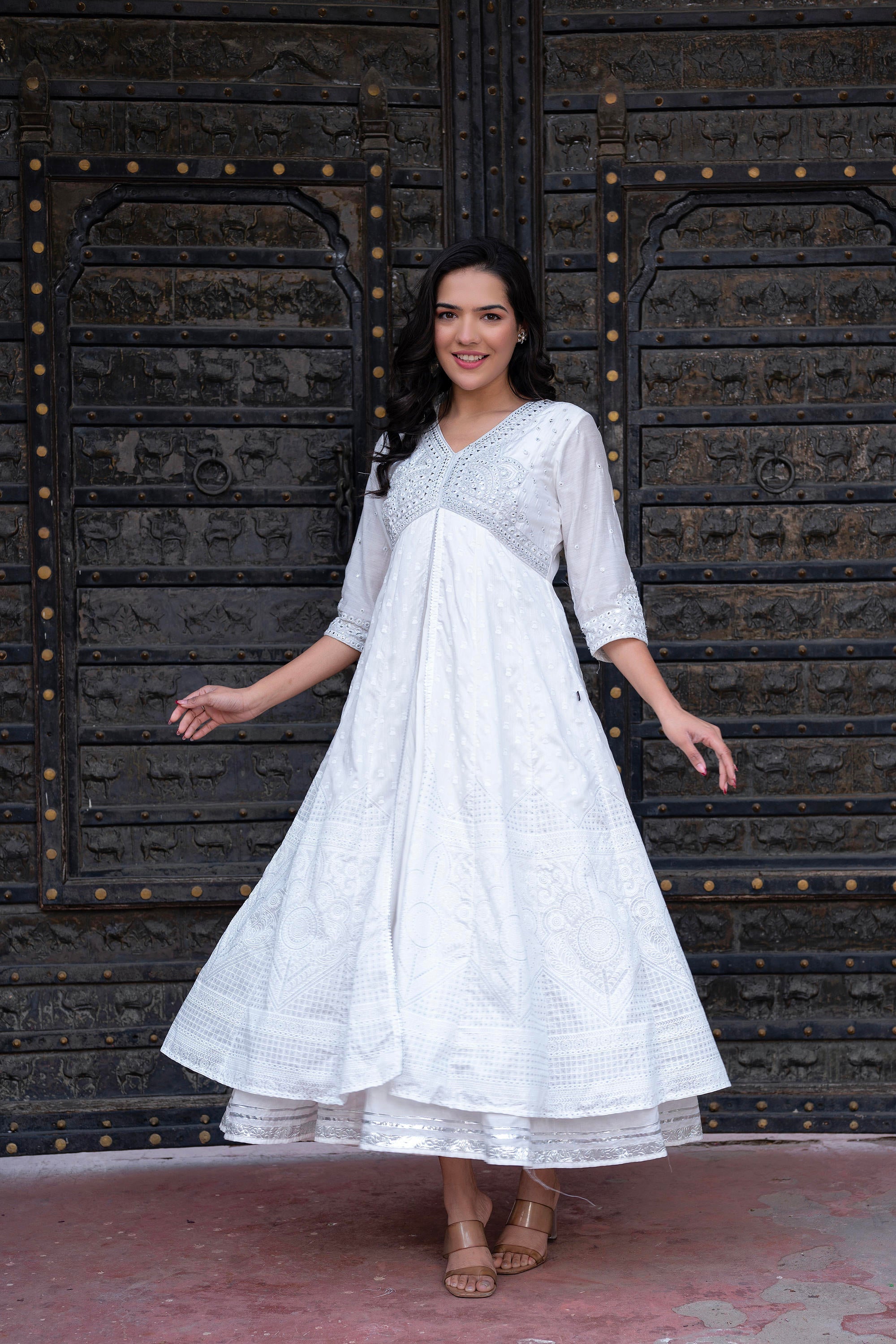 Juniper White Chanderi Geometric Printed Dress with Mirror Embroidery, Gota Lace & Glitter Work - Distacart