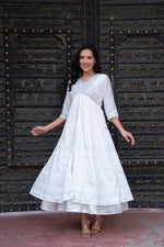 Thumbnail for Juniper White Chanderi Geometric Printed Dress with Mirror Embroidery, Gota Lace & Glitter Work - Distacart