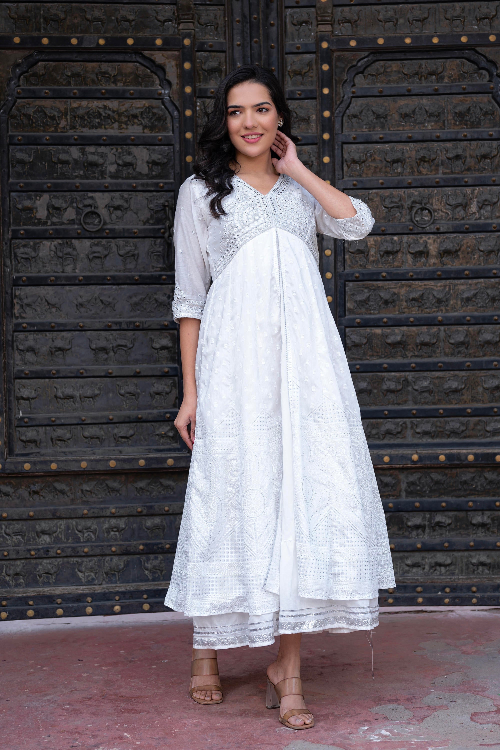 Juniper White Chanderi Geometric Printed Dress with Mirror Embroidery, Gota Lace & Glitter Work - Distacart