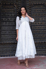 Thumbnail for Juniper White Chanderi Geometric Printed Dress with Mirror Embroidery, Gota Lace & Glitter Work - Distacart