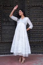 Thumbnail for Juniper White Chanderi Geometric Printed Dress with Mirror Embroidery, Gota Lace & Glitter Work - Distacart