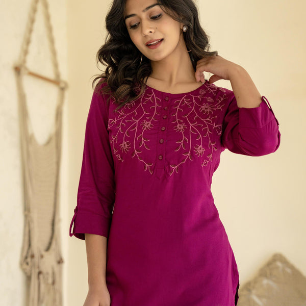 Juniper Plum Embroidered Tunic Top with Button Detailing