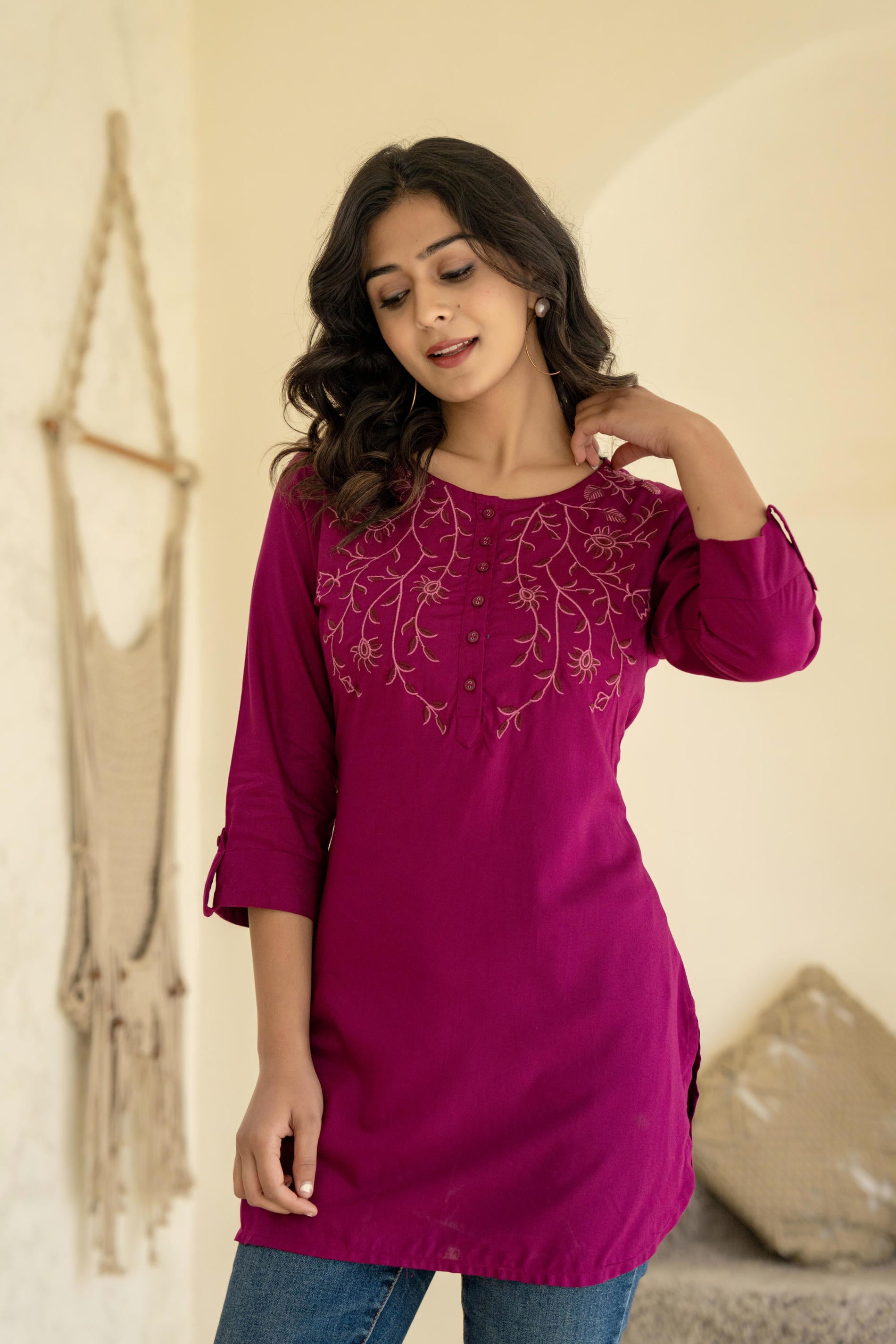 Juniper Plum Embroidered Tunic Top with Button Detailing - Distacart