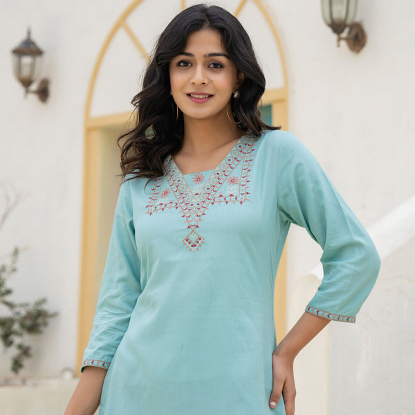Juniper Aqua Solid Viscose Tunic With Thread Work - Distacart