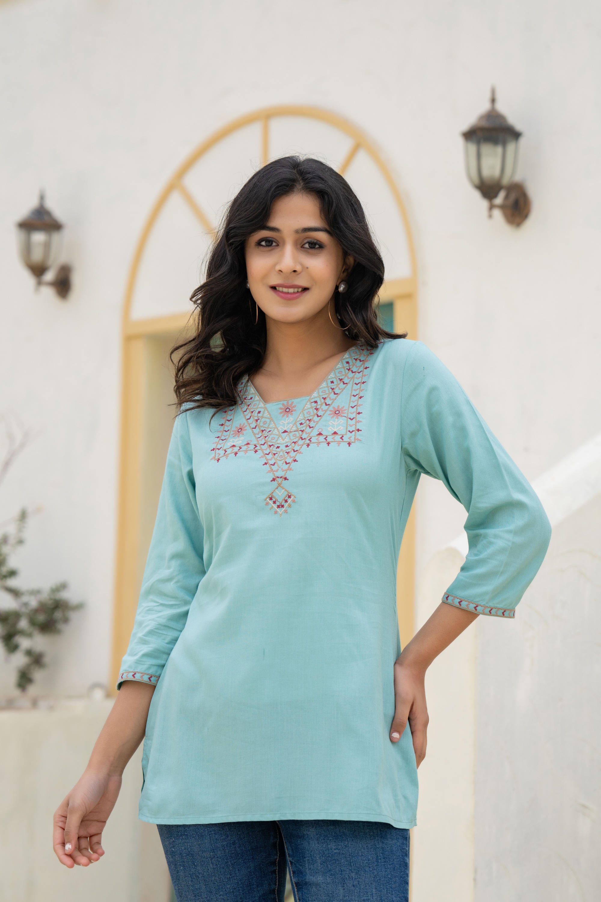 Juniper Aqua Solid Viscose Tunic With Thread Work - Distacart
