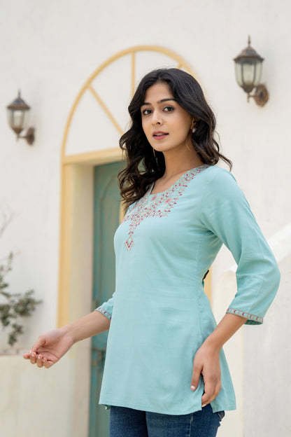 Juniper Aqua Solid Viscose Tunic With Thread Work - Distacart