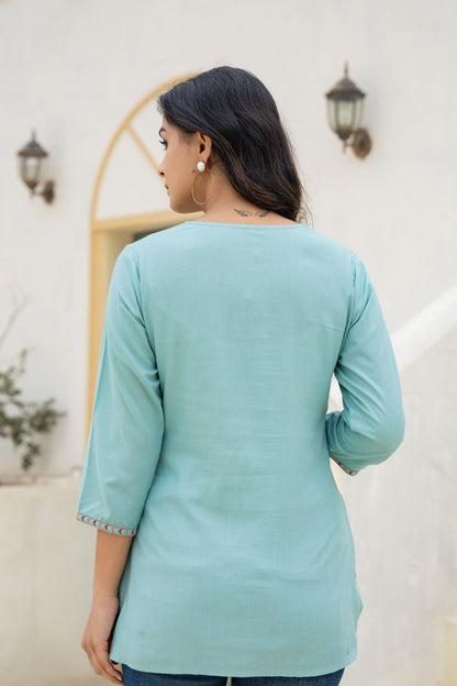 Juniper Aqua Solid Viscose Tunic With Thread Work - Distacart