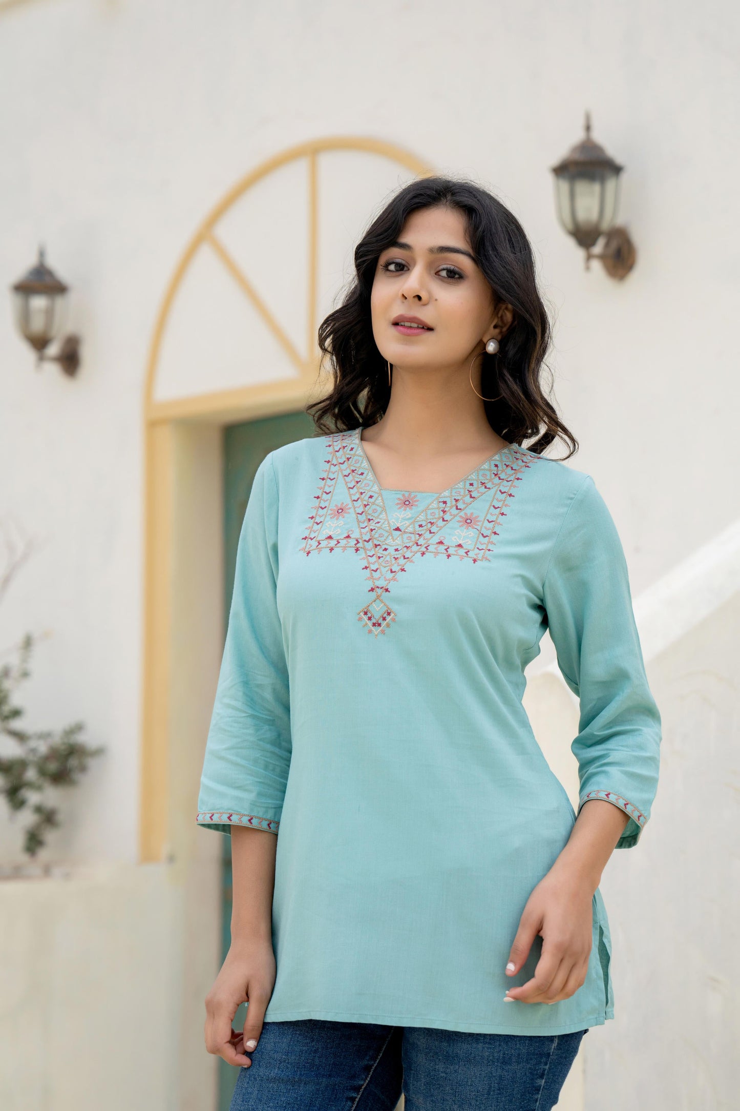 Juniper Aqua Solid Viscose Tunic With Thread Work - Distacart