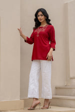 Thumbnail for Juniper Maroon Solid Viscose Tunic With Thread Work - Distacart